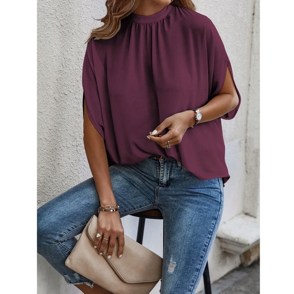 Burgundy Blouse Top Flowy, High Neck - Picture 3 of 11